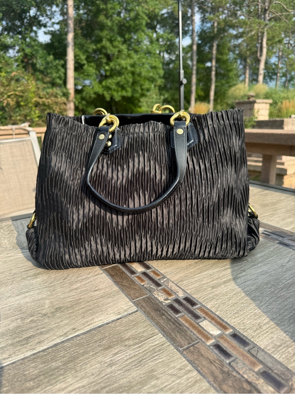 EUC Coach Ashley Gathered Satin Carryall Black Brass Hardware Shoulder Bag - Picture 4 of 10